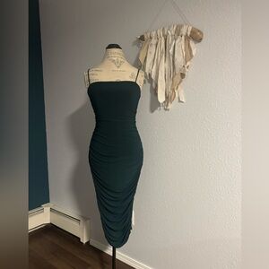 Misty Rose Strapless Ruched Midi Bodycon Dress | Forest Green | Size S